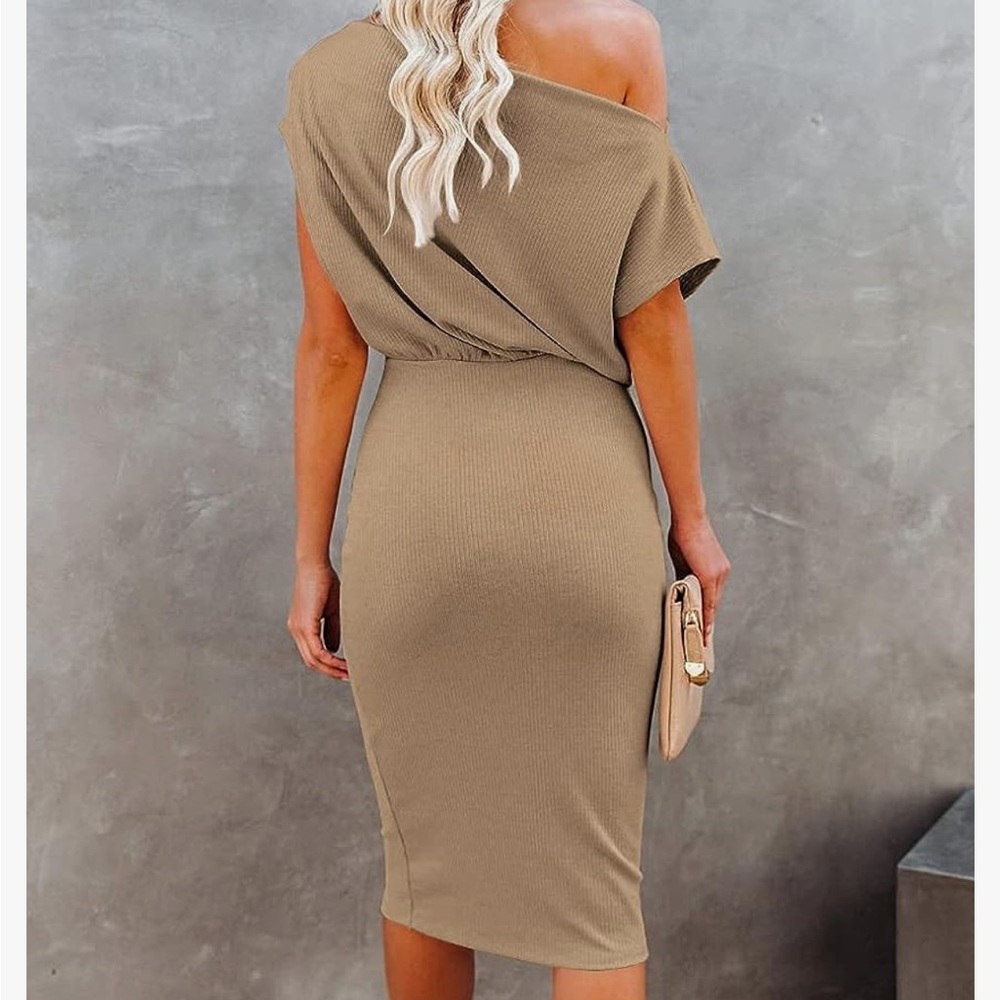 Off The Shoulder Short Sleeve Ribbed Bodycon Midi Dress - Picture 2 of 2